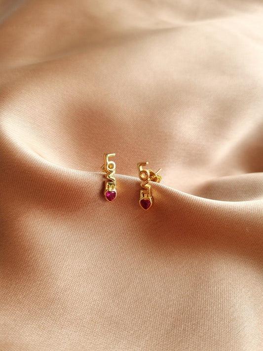 gold love text earrings